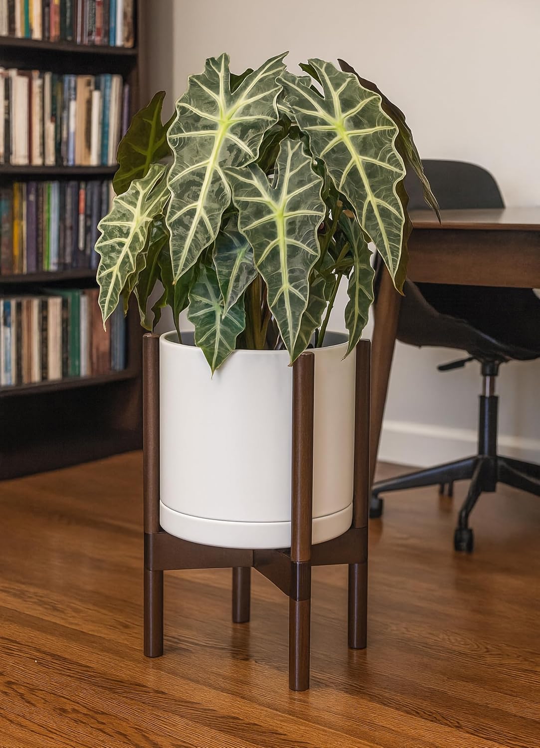 D'vine Dev Ceramic Planter with Walnut Color Stand - 10 Inch Modern Round Flower Pot with Wood Planter Holder, Oatmeal, 55-B-X-8