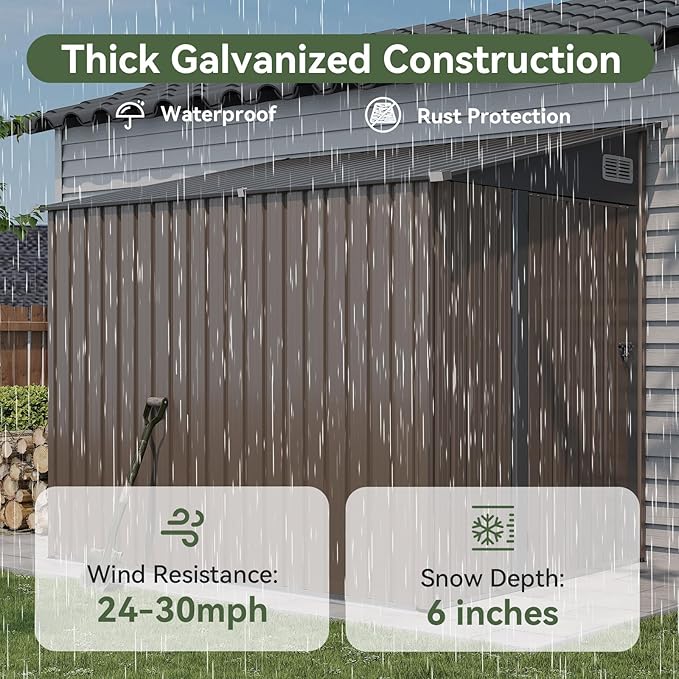 7'x5.5' Lean to Shed Galvanized Steel Storage Sheds with Side Door Waterproof Utility Shed with Sloped Roof for Mower, Bike, Garden Tools (Brown)