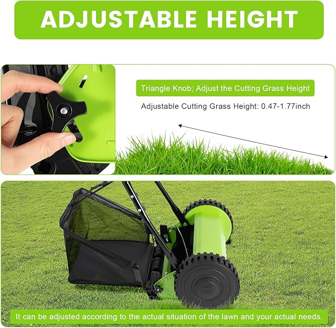 12 Inch Manual Lawn Mower, 5-Blade Push Reel Lawn Mowers Lawn Mower with 6 Gallons Grass Catcher for Picking Up Leaves, Grass, Driveways(Green)