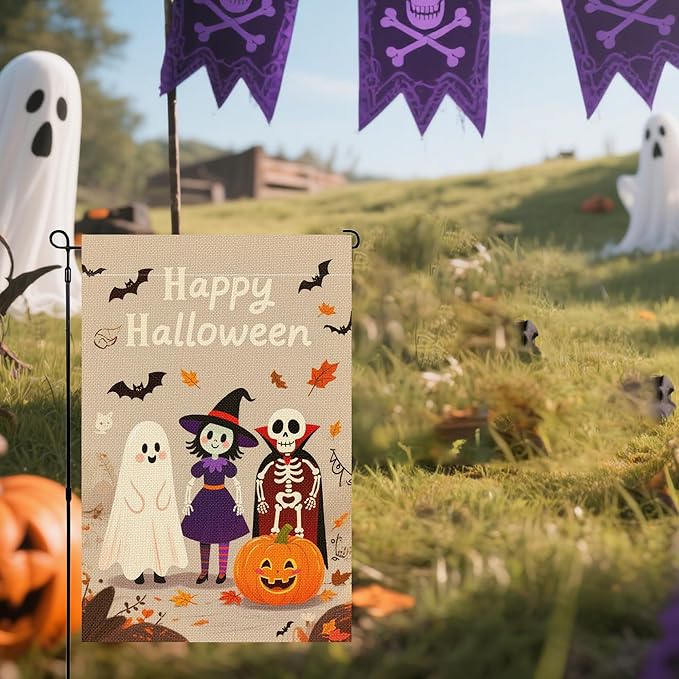 Halloween Garden Flag 12x18 Inch Double Sided, Outdoor Burlap Yard Decor for Porch, Patio, Holiday Decorations, Khaki