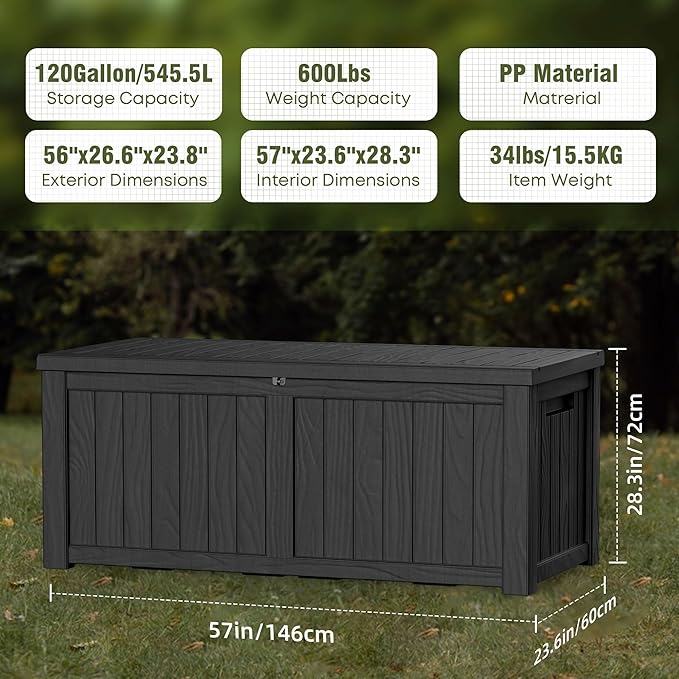 120 Gallon Deck Box,Resin Outdoor Storage Box with Lockable for Patio Furniture, Pool Toys, Garden Tools Waterproof Outside Storage Box (Black)
