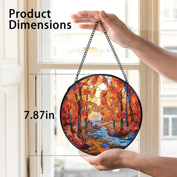 TNUW Fall Autumn Stained Glass Window Hanging, Rustic Autumn Forest Landscape Sun Catchers Indoor Window Glass Round Wall Art Decor, Fall Wall Hanging Decorations, 7.9＂x7.9＂