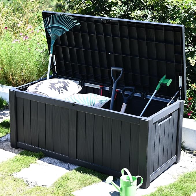 Modern-Depo 120 Gallon PP Deck Box Waterproof Outdoor Storage Box with Lockable Lid, Bench Organization Container for Patio Furniture Cushions, Garden Tools, Pool Supplies, Black