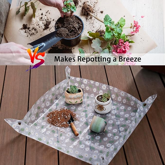 Azureblue Repotting Mat for Indoor Plants Waterproof Clear Potting Mat Foldable Plant Potting Repotting Tray Portable Gardening Tray for Indoor Potting Soil, Gifts for Plant Lovers 23.6"(Leaves)