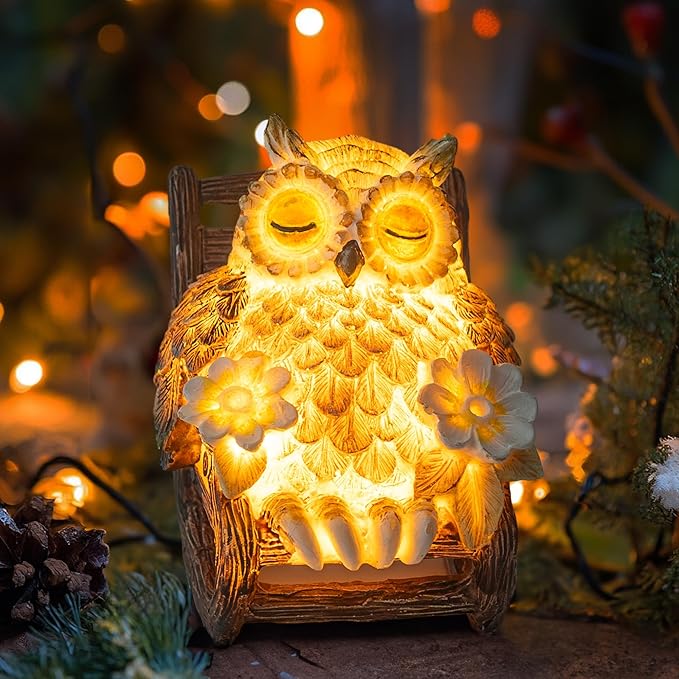 Solar-Powered Owl Statue on Chair, Cute LED Owl Figure for Home, Fireplace, Outdoor, 3x3x4 in