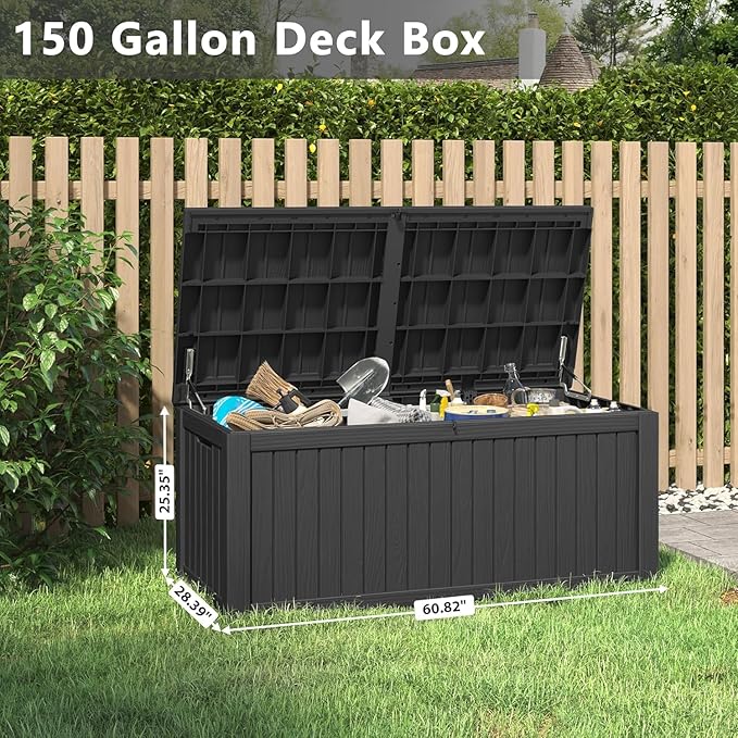 NUNU LAB Outdoor Storage Box 150 Gallon,Resin Large Sturdy Deck Box, Backyard Outside Storage Box Waterproof with Double Wall Panels,Package Delivery Box,Garden Box,Tool Box,Outdoor Hose Storage Bin