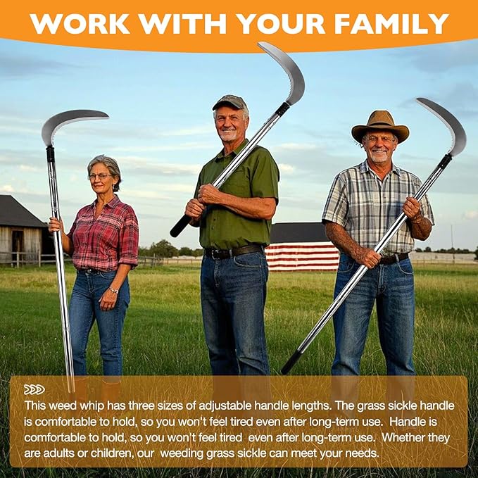 Sickle Garden Tool Set, Long Handle Weeding Sickle with Serrated Double-Edged Blade, Grass Sickle Stand Up Weeding Tool with 2 Pack Leaf Scoops, 16 Gallon Lawn Bag with Gardening Gloves for Yard