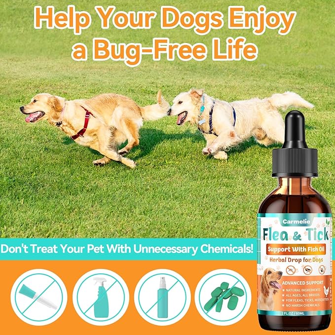 Flea & Tick Support for Dogs, Natural Flea and Ticks Comfort for Dog with Fish Oil, Flea & Tick Liquid Herbal Drop for Dogs - All Breeds & Ages - Chicken