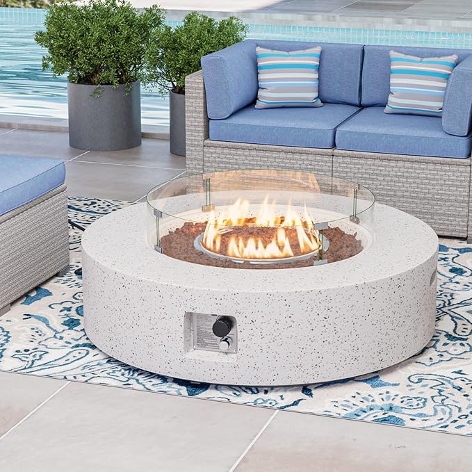 COSIEST Outdoor Propane Fire Pit Coffee Table w Beige 42 inch Round Base Patio Heater, CSA Certified, 50,000 BTU Stainless Steel Burner, Wind Guard, Tank Outside, Free Lava Rocks, Waterproof Cover