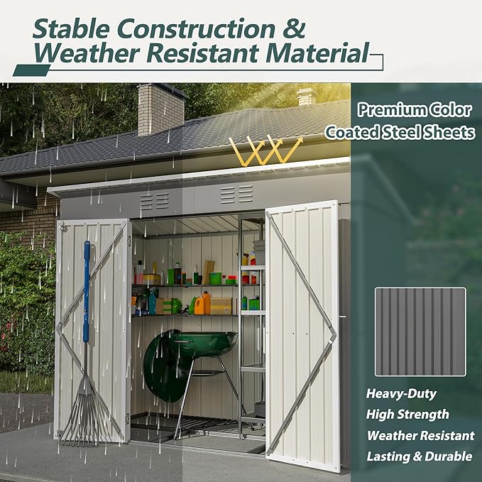 4x8 FT Lean to Outdoor Storage Shed with Floor,Metal Shed W/Lockable Door,All Weather Waterproof Garden Tool House W/ 2 Air Vents,for Backyard,Patio,Lawn,Garden,Gray