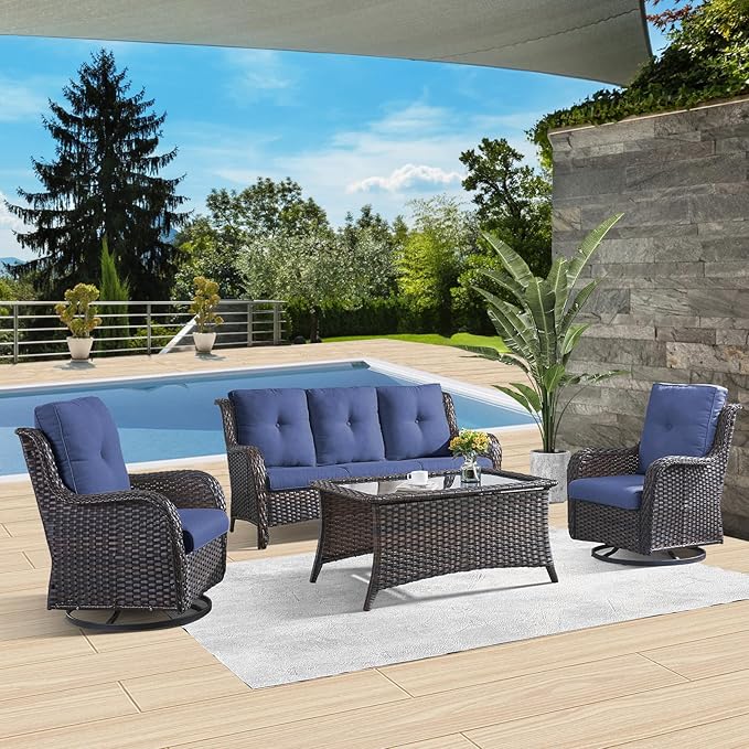 4 Piece All-Weather PE Wicker Outdoor Furniture Set with Swivel Rocker Chairs, Outdoor Sofa & Coffee Table