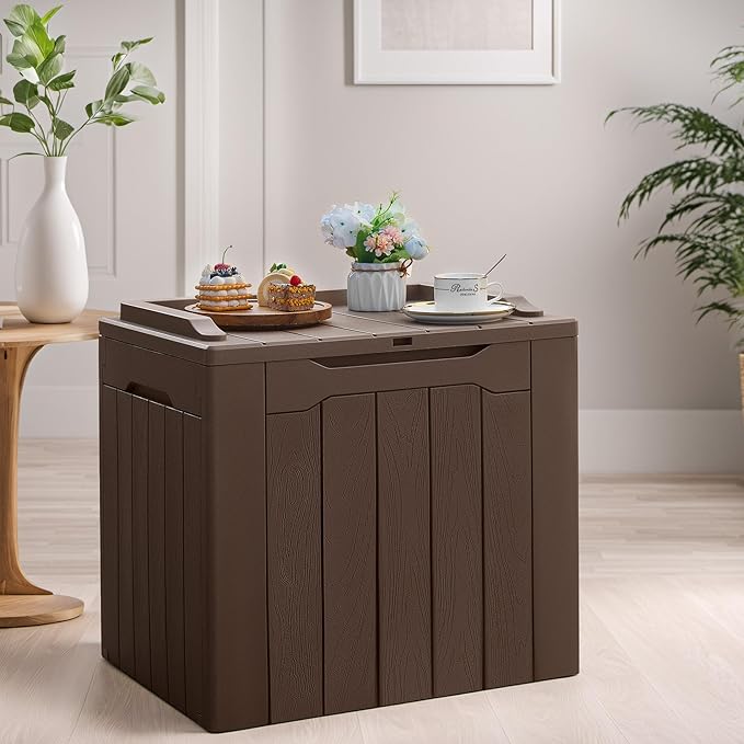 Devoko 31 Gallon Waterproof Outdoor Storage Box Resin Deck Box Lockable and UV Resistant for Patio Furniture,Garden Tools (Brown)