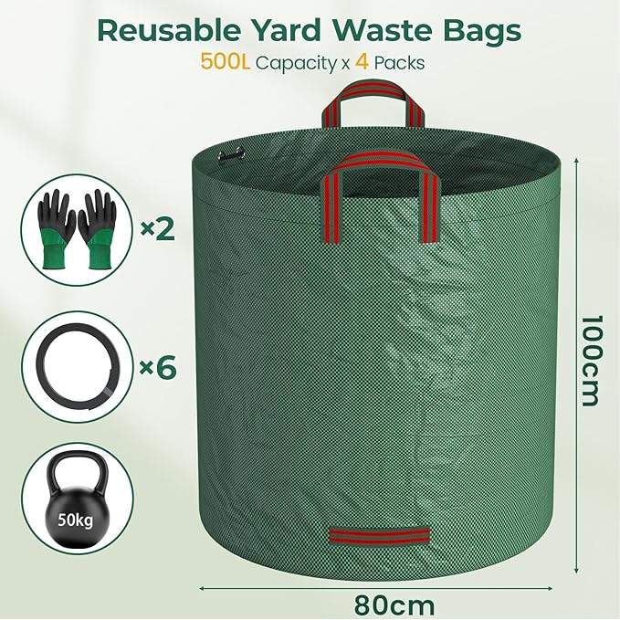 EsLuker.ly 4 Pack Garden Lawn Leaf Waste Bags, 132 Gallons Reusable Yard Litter Bag with 2 Pairs Gardening Gloves, Heavy Duty Trash Containers with Handles for Outdoor Cleanup, Ideal for Homeowners
