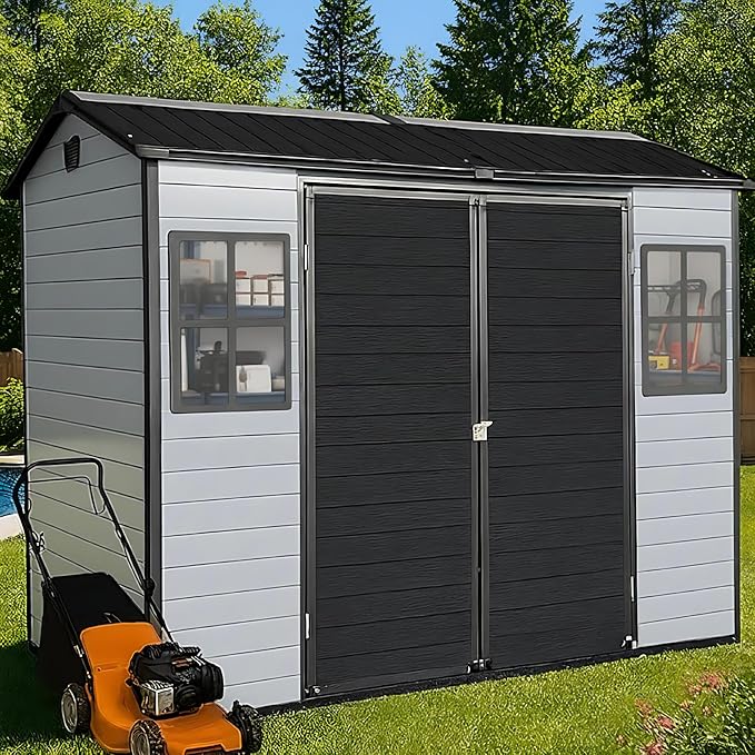 8x4 FT Resin Storage Sheds Outdoor with Floor Included, Plastic Sheds & Outdoor Storage Clearance with 2 Windows and Lockable Door, Backyard Storage Sheds for Garden Tools, Bike, Black+Grey