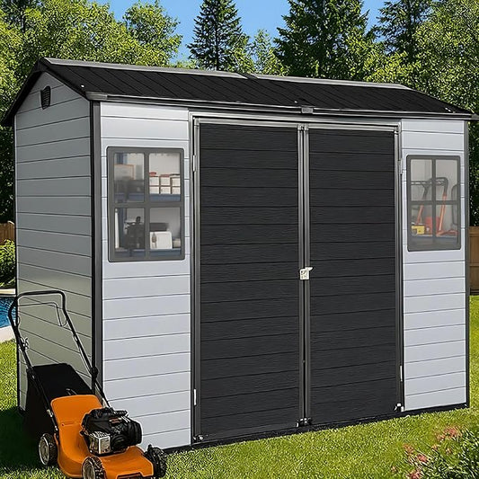 8x4 FT Resin Storage Sheds Outdoor with Floor Included, Plastic Sheds & Outdoor Storage Clearance with 2 Windows and Lockable Door, Backyard Storage Sheds for Garden Tools, Bike, Black+Grey