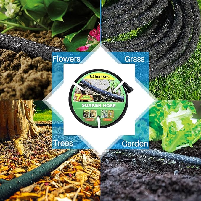Taisia 1/2’’ Soaker Hose 15 FT Water Drip Garden Hose Drip Irrigation Hose Saves 70％Water Heavy Duty Rubber Round Soaker Hose for Garden, Lawn