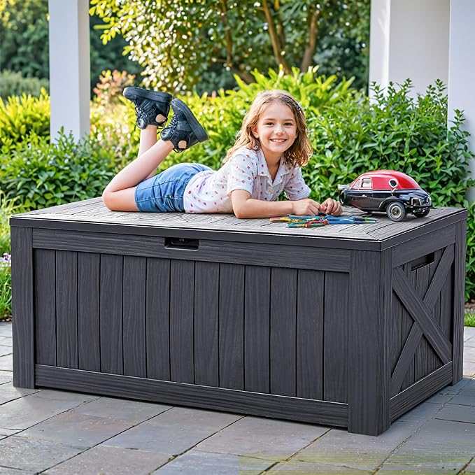 Flamaker Resin Deck Box 120 Gallon Waterproof Large Outdoor Indoor Storage Box Imitation Wood Resin for Patio Furniture Garden Tools and Pool (Gray)