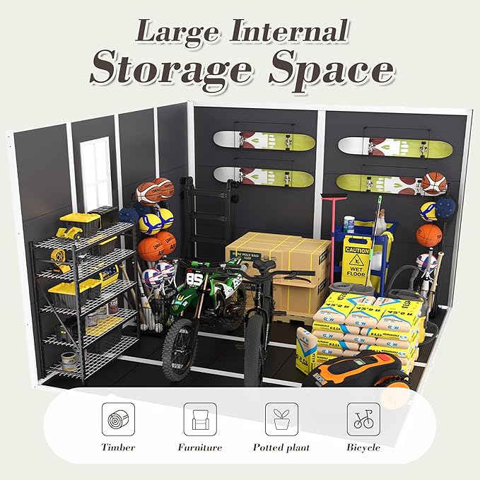 Outdoor Storage Shed 8x8 FT, Resin Shed with Floor & Window, Lockable Door, Vents, Outside Sheds & Garden Shed for Patio Furniture, Gardening Tools, Pool Equipment (Dark Gray, 8 * 8ft)