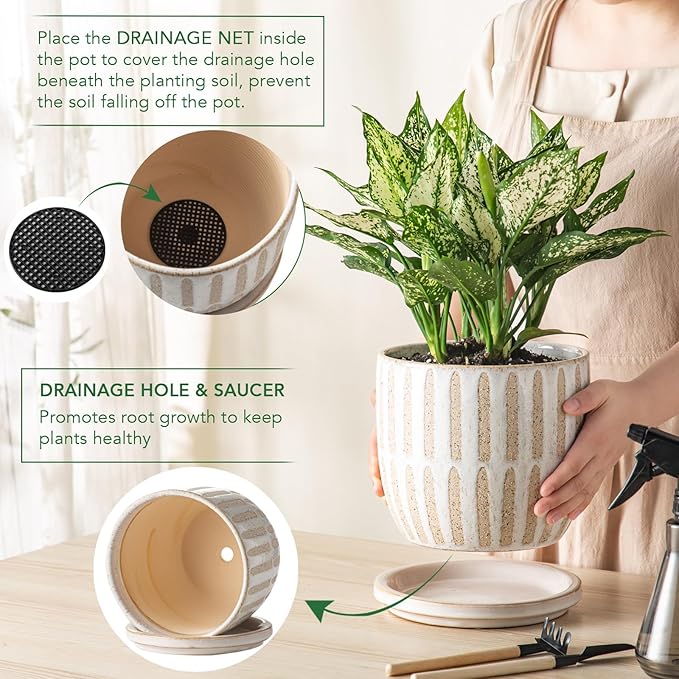 Ceramic Flower Pots Indoor-Outdoor: 7.75 Inch Large Planters with Drainage Holes & Saucer - Modern Decorative Plant Pots Ceramic for Home Gardeners (Striped)
