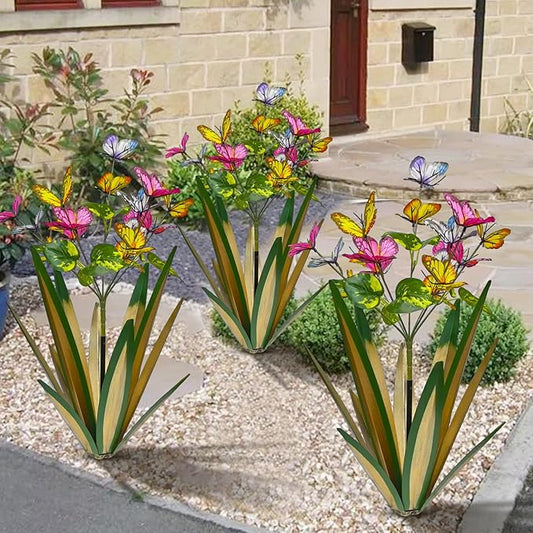 TOMBABY Garden Outdoor Butterfly Enlarge Thickened Wind Resistant Metal Agave Garden Art Metal Plant Country Sculpture Statue Decorations Ornaments Artificial Waterproof lieslight Green 3pcs