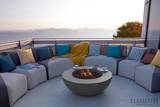 Elementi | Bundle Lunar Gas Fire Pit Cast Concrete 42" Round Fire Table, Outdoor Fire Pit Electronic Ignition | Canvas Cover, Lava Rock Included | Light Gray (Propane Gas)
