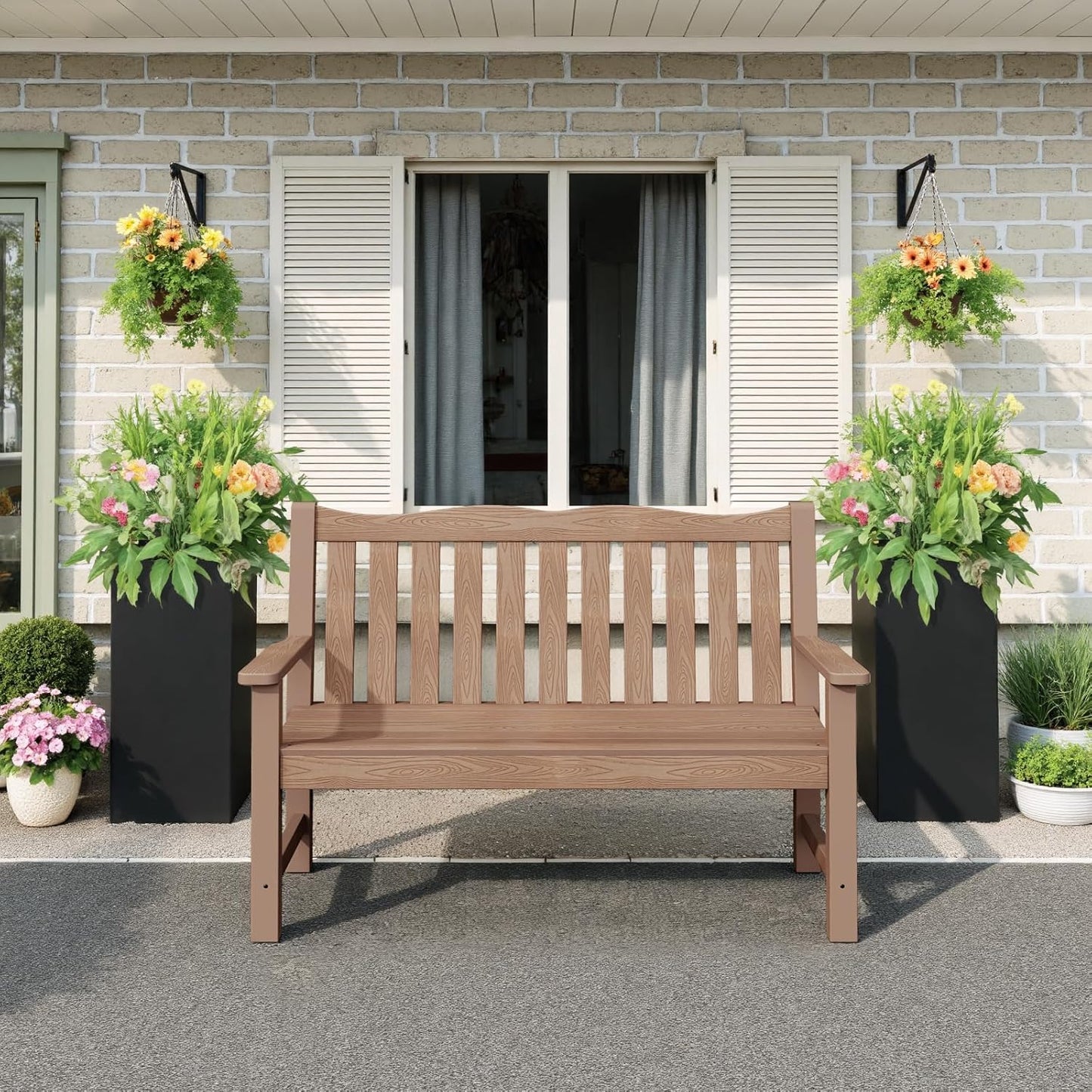 Outdoor Bench, 2-Person Poly Lumber Garden Bench, All-Weather Outside Bench with 800 lbs Weight Capacity, Never Rot or Fade, Looks Like Real Wood, Teak