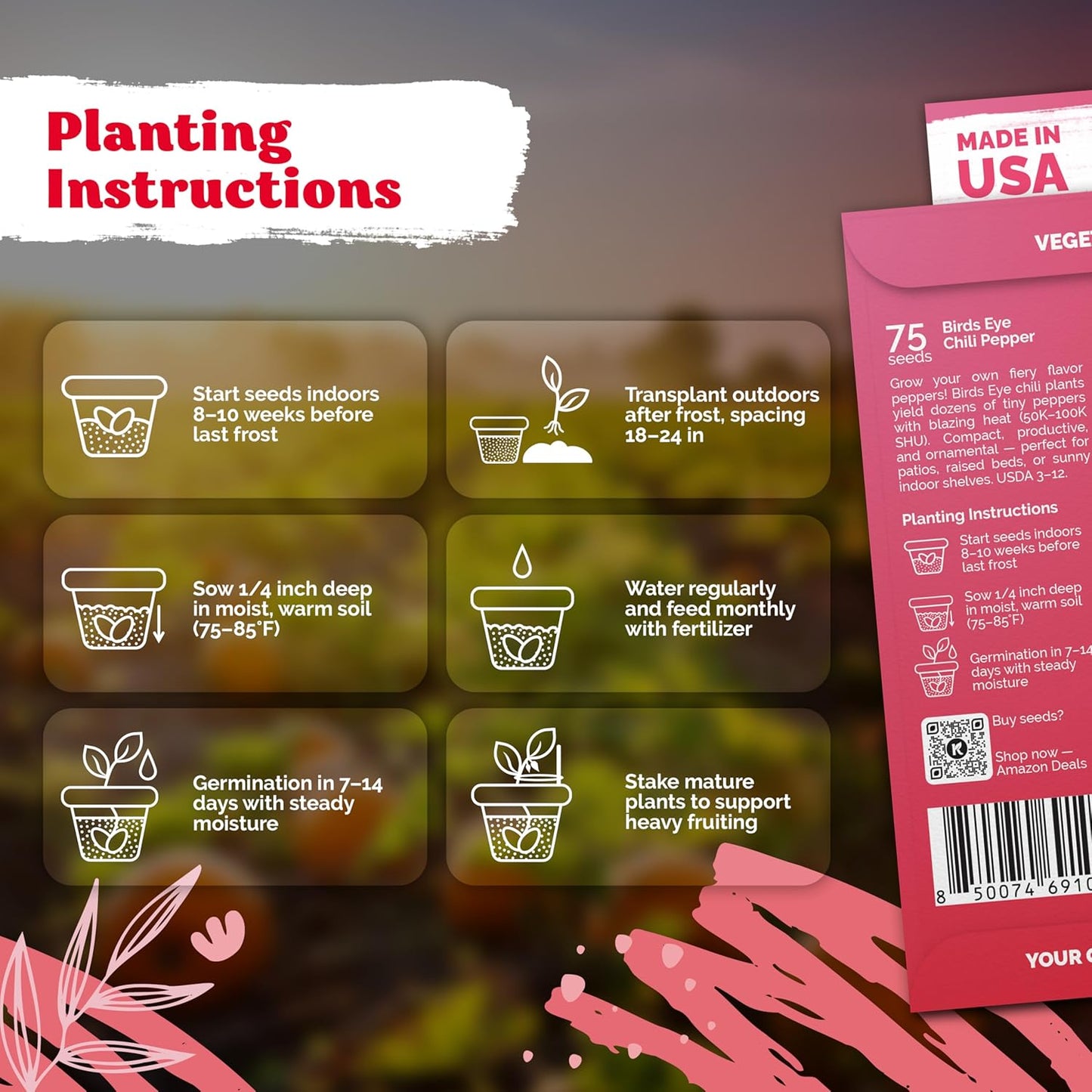 KVITER 75 Birds Eye Chili Pepper Seeds for Planting (Capsicum Annuum) — Thai Chili Red Pepper, Extra‑Hot 50K-100K SHU, High‑Yield Bush — Heirloom & Organic Vegetable Seeds for Outdoor & Indoor Garden