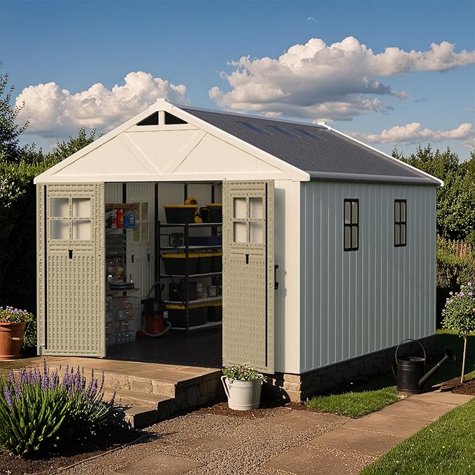 Patiowell 10x12 FT Outdoor Storage Shed with Floor and Lockable Door, All Weather Plastic Shed Garden Shed with Skylight and Multiple Windows for Backyard, Patio, Lawn, Beige