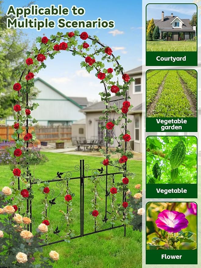 Kalolary Garden Arch with Gate, Heavy Duty Metal Butterfly Garden Arbor for Climbing Plant Metal Raised Bed Rose Vines Climbing Support for Lawn Backyard Patio Outdoor Decoration (91"x45"x15")