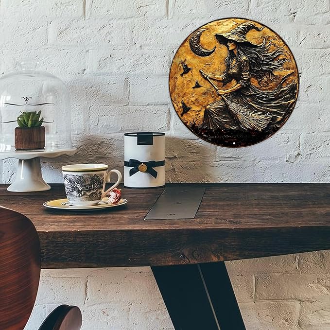 PEACHGARDEN Round 2D Halloween Witch Broom Vintage Sign Halloween Witch Metal Tin Sign for Home Bar Kitchen Hotel Dining Room Coffee 12x12inch