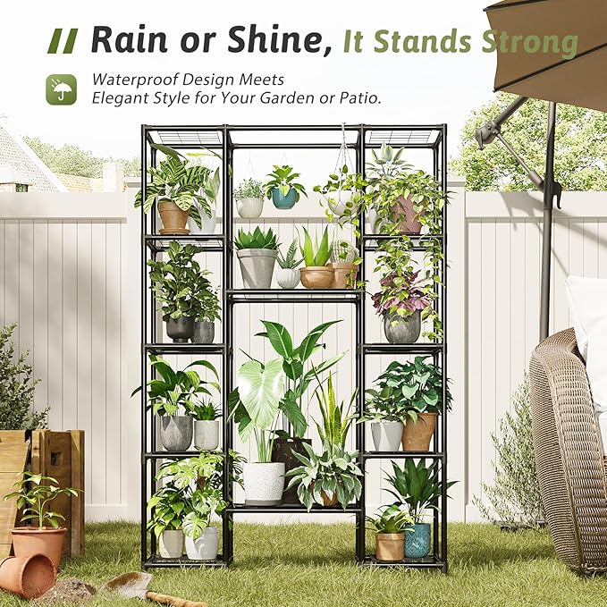 Plant Stand with Grow Lights Large Plant Shelf Indoor Plant Cabinet Hanging Plant Rack Metal Plant Holder for Multiple Plants for Living Room Patio Balcony Garden Black