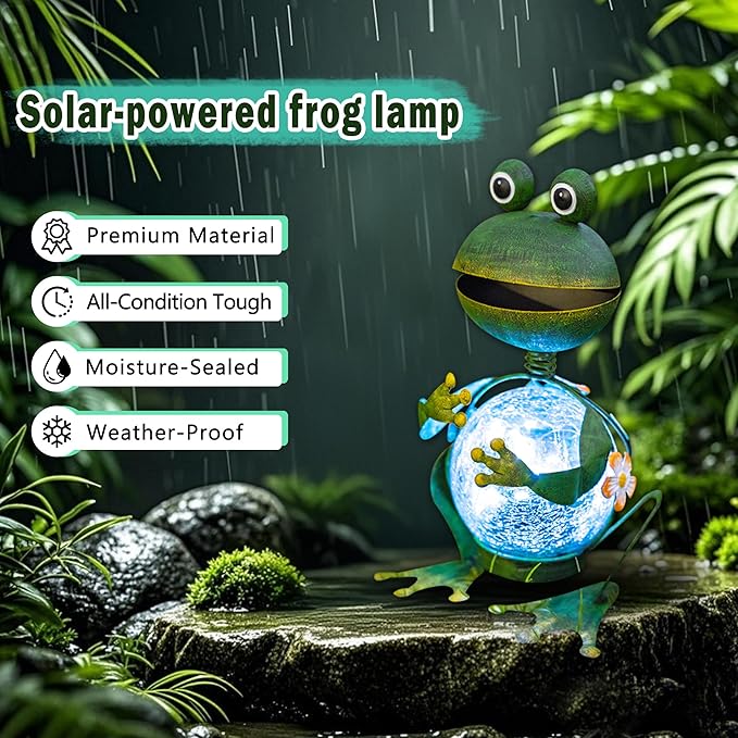 Topadorn Frog Garden Statue with Solar Lights, Outdoor Garden Metal Weatherproof Solar Frog Light Decor for Yard, Patio, Lawn, or Porch, 12" H, Gardening Ornaments Gifts