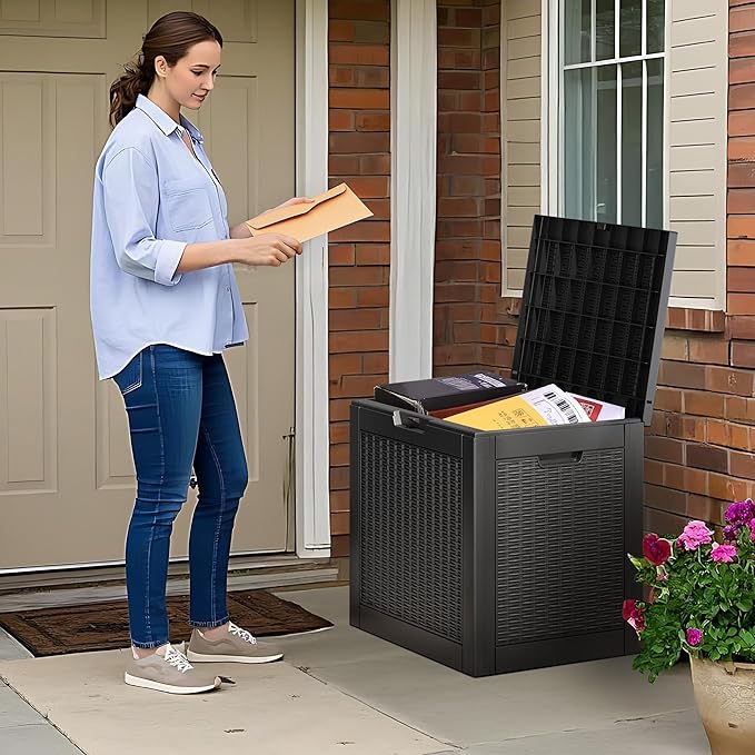 35 Gallon Outdoor Storage Box, Waterproof Resin Deck Box with Lockable Lid, Patio Furniture Side Table & Storage Bin for Package Delivery, Patio Cushions, Garden Tools, Pool Accessories, Black