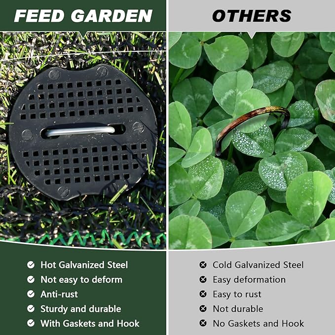 FEED GARDEN 6 Inch 200 Pcs Galvanized Landscape Staples 200 Pcs Gaskets Pick Hook Garden Stakes 11 Gauge Anti-Rust Landscaping Fabric SOD Pins U Shaped Yard Turf Stakes for Weed Barrier Fabric