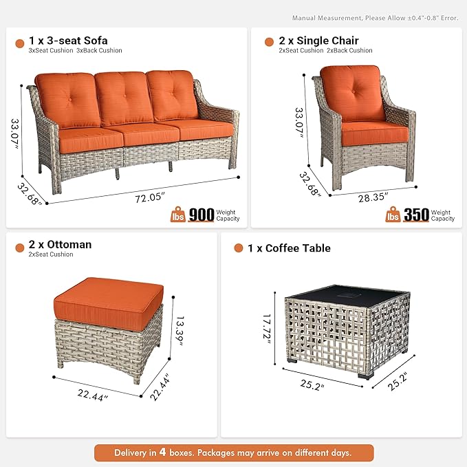 6 Pieces Patio Outdoor Furniture Set,All Weather Wicker Rattan Patio Seating Sofa and Chair Set w/Ottoman and Glowing Coffee Table,Outdoor Conversation Sets for Deck Yard Garden,Orange Red