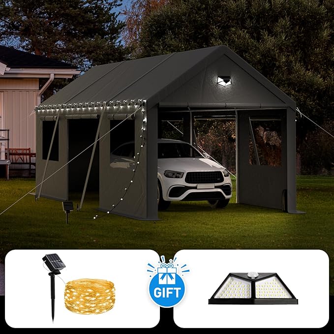 10x20 Carport, Heavy Duty Carport Canopy Garage with Removable Sidewalls and Drive Through Roll Up Zipper Doors & Side Doors, Grey