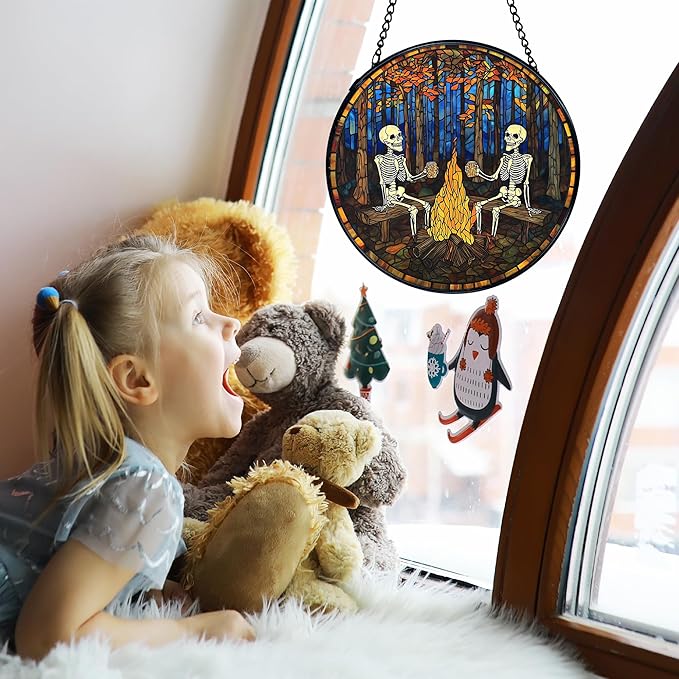 TNUW Halloween Fall Skeleton Stained Glass Window Hanging, Gothic Skeleton Autumn SunCatchers Indoor Window Glass Round Wall Art Decor, Halloween Fall Wall Hanging Decorations, 7.9＂x7.9＂