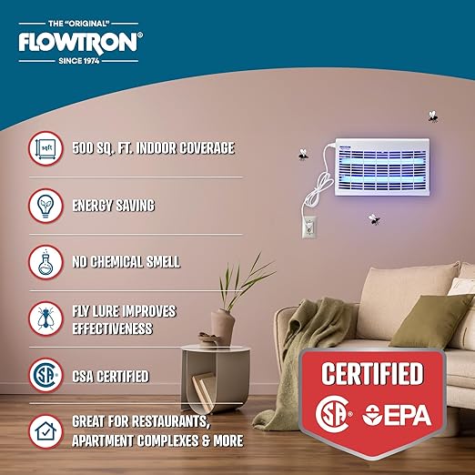 Flowtron Portable Indoor Fly Trap| Electric Insect Killer for Flies & Gnats with Dual Lure Method 30W UV Light & Pheromone Attractant | Sticky Strips, 500 Sq Ft for House & Restaurants