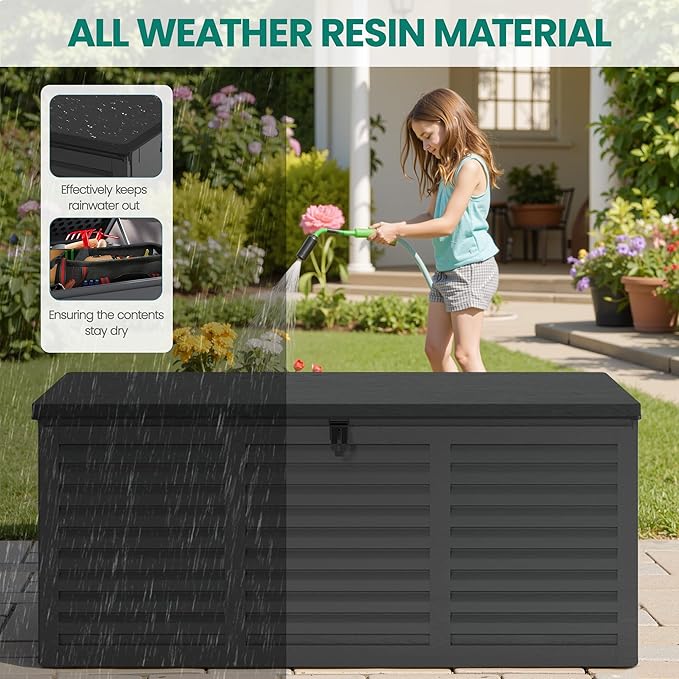 130 Gallon Outdoor Deck Box, Waterproof Resin Box with Lockable Lid, UV-Resistant for Cushions, Garden Tools & Pool Accessories (BLACK), Patio Furniture