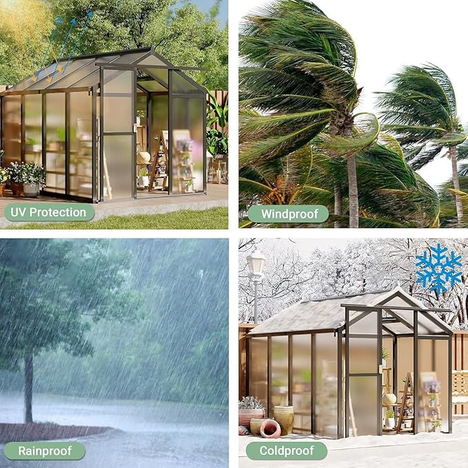 Greenhouse, 6x8 Ft Outdoor Greenhouses with Roof Vents and Sliding Doors, Aluminum Frame Polycarbonate Accessible Greenhouses, Suitable for Outdoor Gardens and Backyards, Black