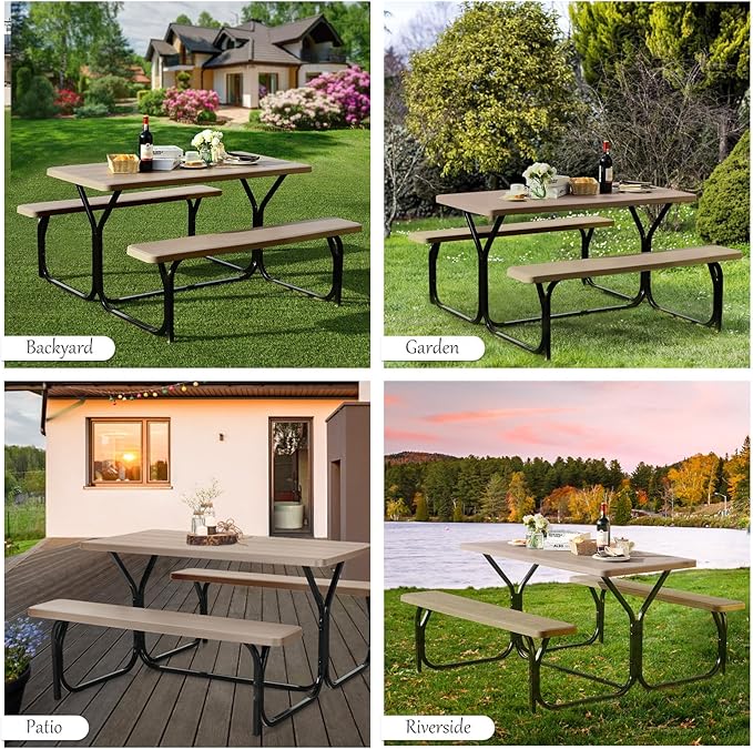 Giantex Picnic Table Bench Set Outdoor Camping All Weather Metal Base Wood-Like Texture Backyard Poolside Dining Party Garden Patio Lawn Deck Furniture Large Camping Picnic Tables for Adult