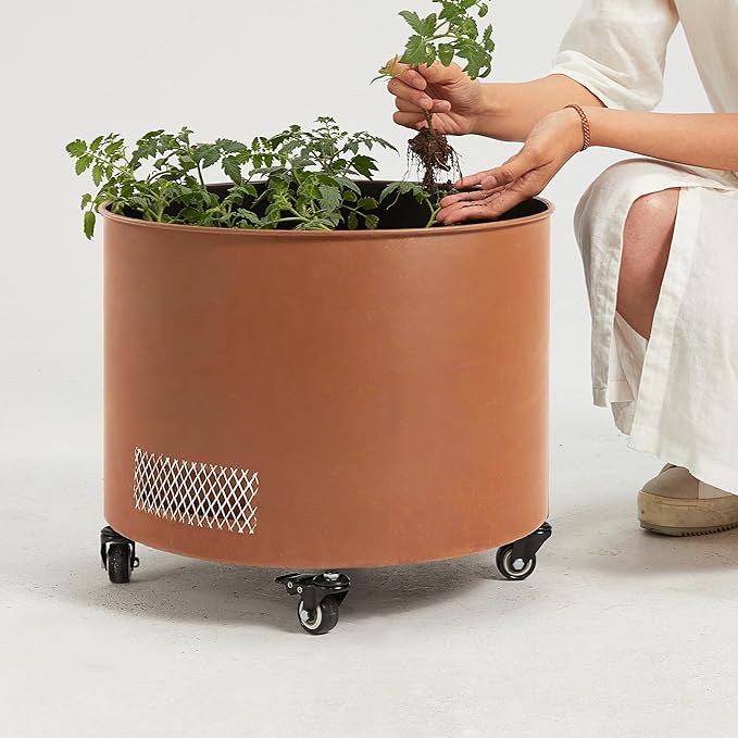 Corten Steel Planter Box with Trellis, 17” Round Patio Gardening Kit (45" Height) - Wheeled Metal Raised Bed for Tomatoes/Vines, Built-in Drainage & Weatherproof Cover