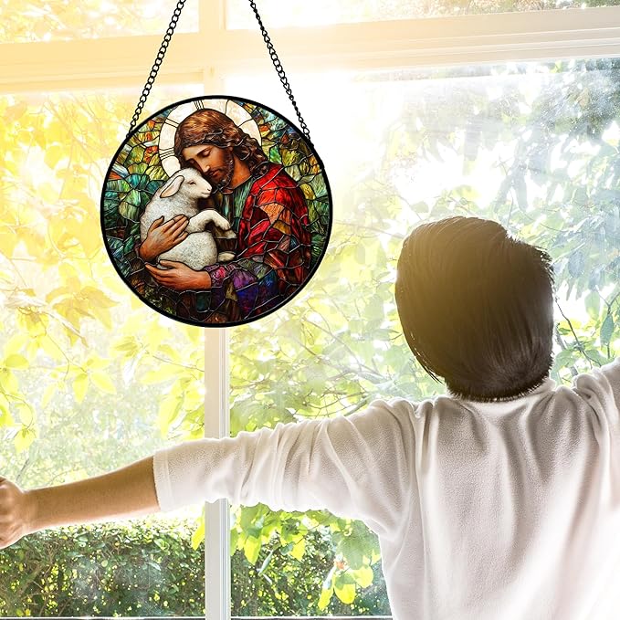 Stained Glass Window Hanging, Jesus Little Lamb Sun Catchers Colorful Glass Panel Christianity Suncatcher Decor for Birthday for Women, Men, Wife, Aunt, and Mom 7.8 in