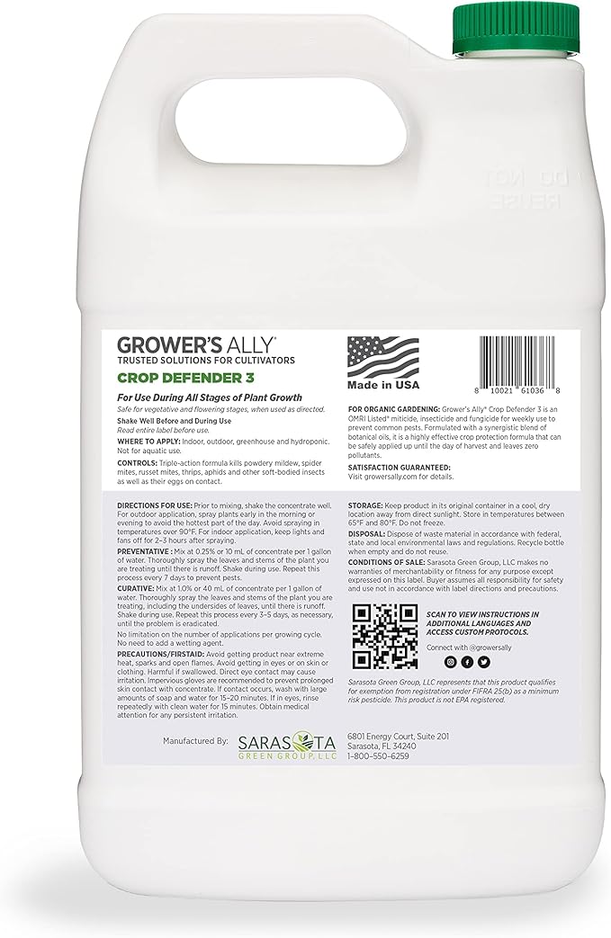 Grower's Ally Crop Defender 3 Concentrate 1 gal | Natural, Safe & Organic Insecticide & Fungicide Control for Plants - Powdery Mildew, Spider Mites & Russet Mite Killer