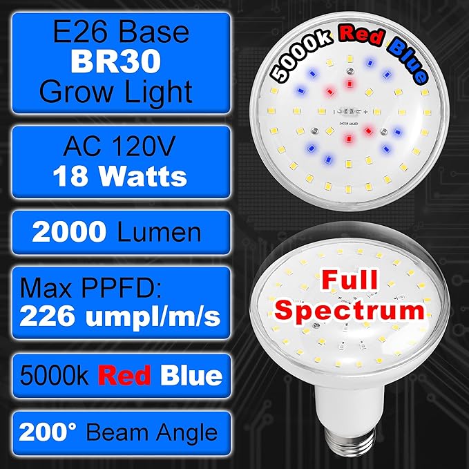 BR30 Grow Light Bulbs 18W 2000lm Full Spectrum Plant Happy Light Bulb 200W Equivalent E26 Base Balanced Spectrum 5000K Red Blue Grow Bulb for Indoor Plants Hydroponic Greenhouse Garden, 1 Pack