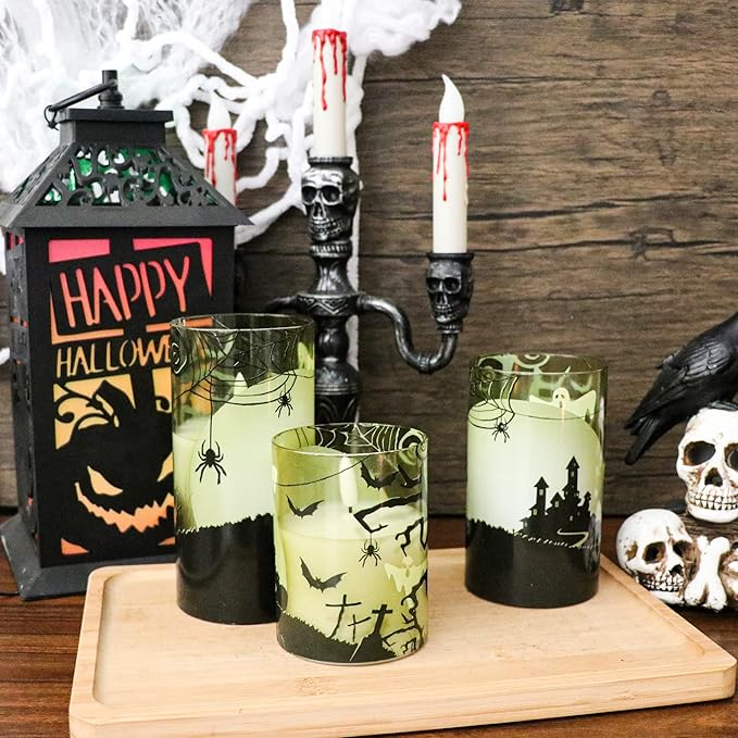 DRomance Spider Glass Flameless Candles with Remote and Timer, Battery Operated Realistic 3D Wick Flickering Real Wax LED Candles Halloween Window Table Holiday Dinner Decor Gifts(3 x 4,5,6 Inches)
