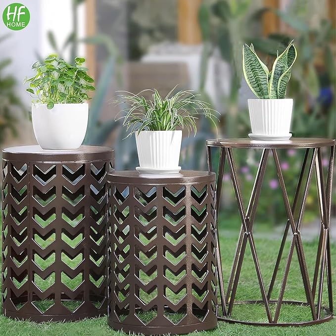 HFHOME Set of 3 Metal Side End Tables Nightstand, Nesting Round Coffee Table for Indoor Outdoor, Heavy Duty Metal Plant Stand for Living Room Garden Stool - Pure Brown (Ship from US)
