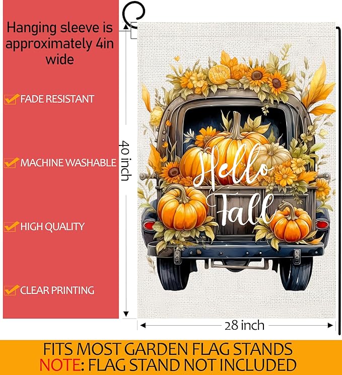 Hello Fall Pumpkin Truck House Flag 28x40 Double Sided, Autumn Thanksgiving Large Garden Flags for Outside, Holiday Seasonal Yard Flag Outdoor Decorations for Home