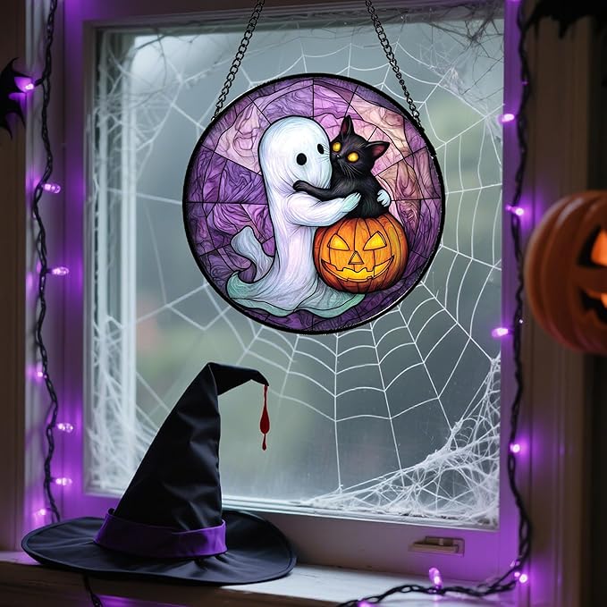 Stained Glass Window Hanging - Halloween Decorations Ghost Black Cat Pumpkin Suncatcher for Door Garden Spooky Purple Sun Catchers Gothic Decor Horror Gifts for Women Men Friend Boy 11.8 in
