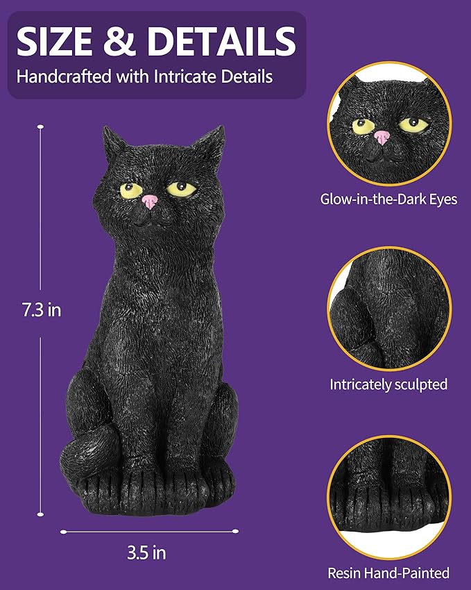 Black Cat Figurine with Glow-in-The-Dark Eyes - 7.3" Spooky Resin Halloween Decorations Halloween Decor Outdoor/Indoor (Black Cat)